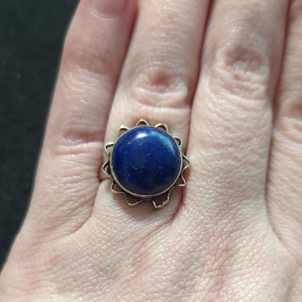 Silver Plated Blue Lapis Lazuli Gemstone Round Dainty Statement Ring - size 7